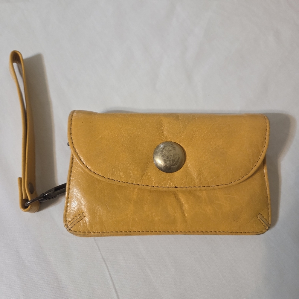 latico mustard yellow tri zipper wallet expandable leather 90s vintage floral
